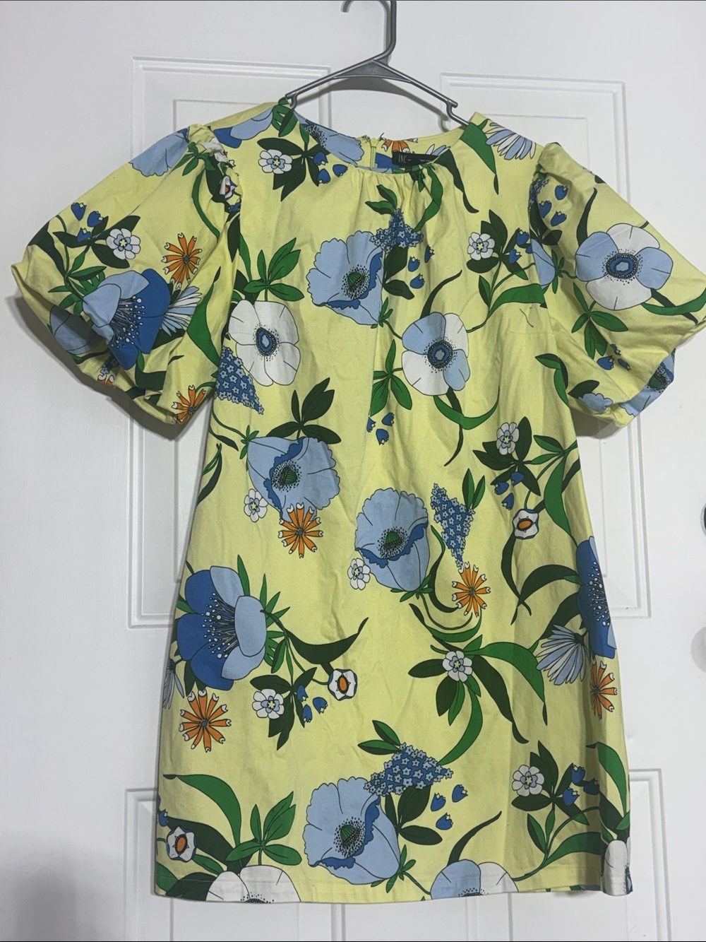INC Puff Sleeve Yellow Floral Women's Dress with Blue Bloom Print